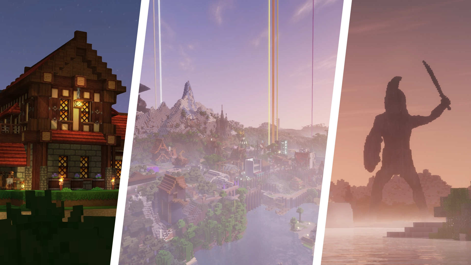 a screenshot of a house in hytale, fortunetown and a statue of a gladiator in minecraft